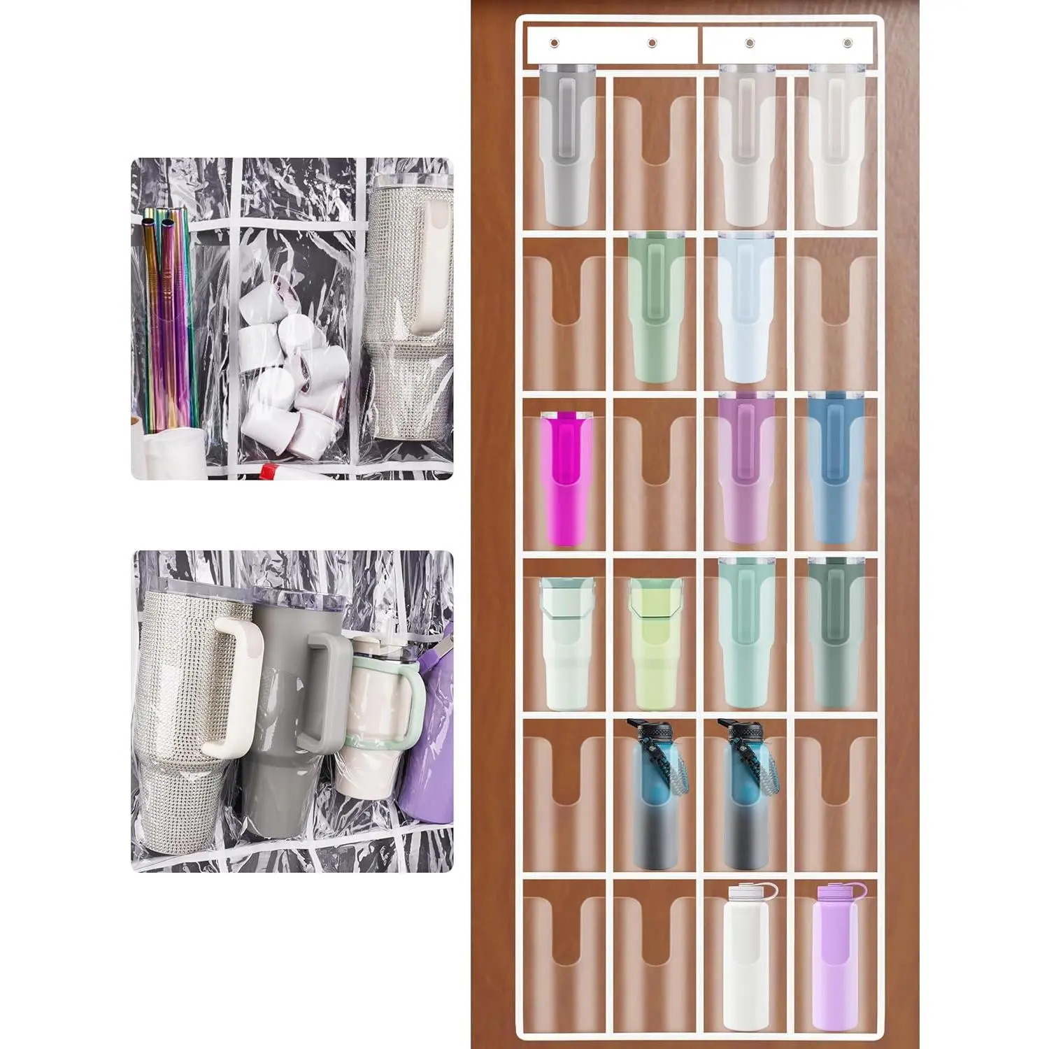 Clear 24 Pockets Door Hanging Water Bottle Organizer Compatible with 40oz Stanley Tumblers, Hanging PVC Storage Holder With Hooks for Cups, Mugs, Foldable, Large Capacity for Kitchen