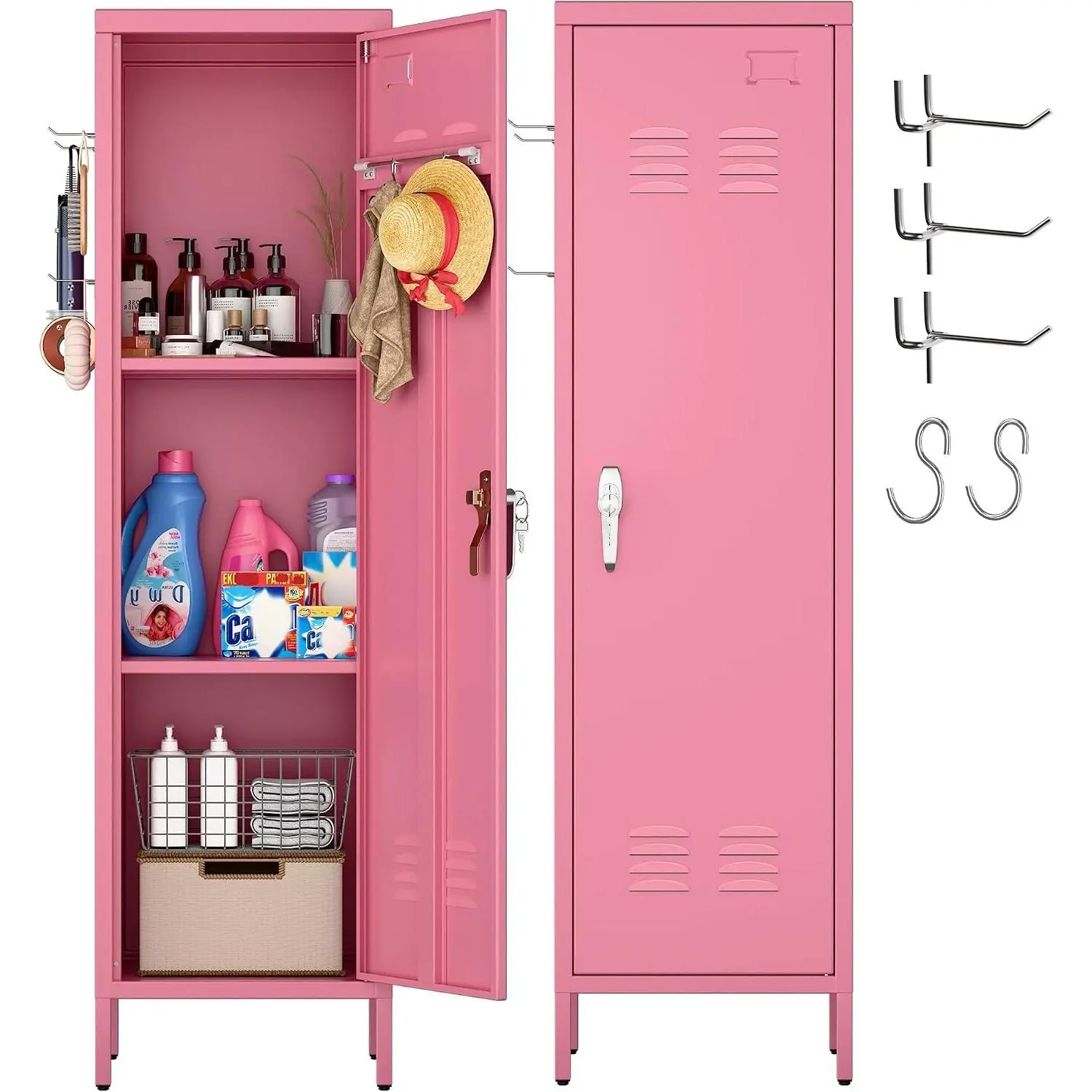54" H Pink Metal Lockers, Storage Locker Cabinet with Lockable 1 Door and Towel Rack and 2 Side Pegboards with Hooks for Home School Office, Assembly Required