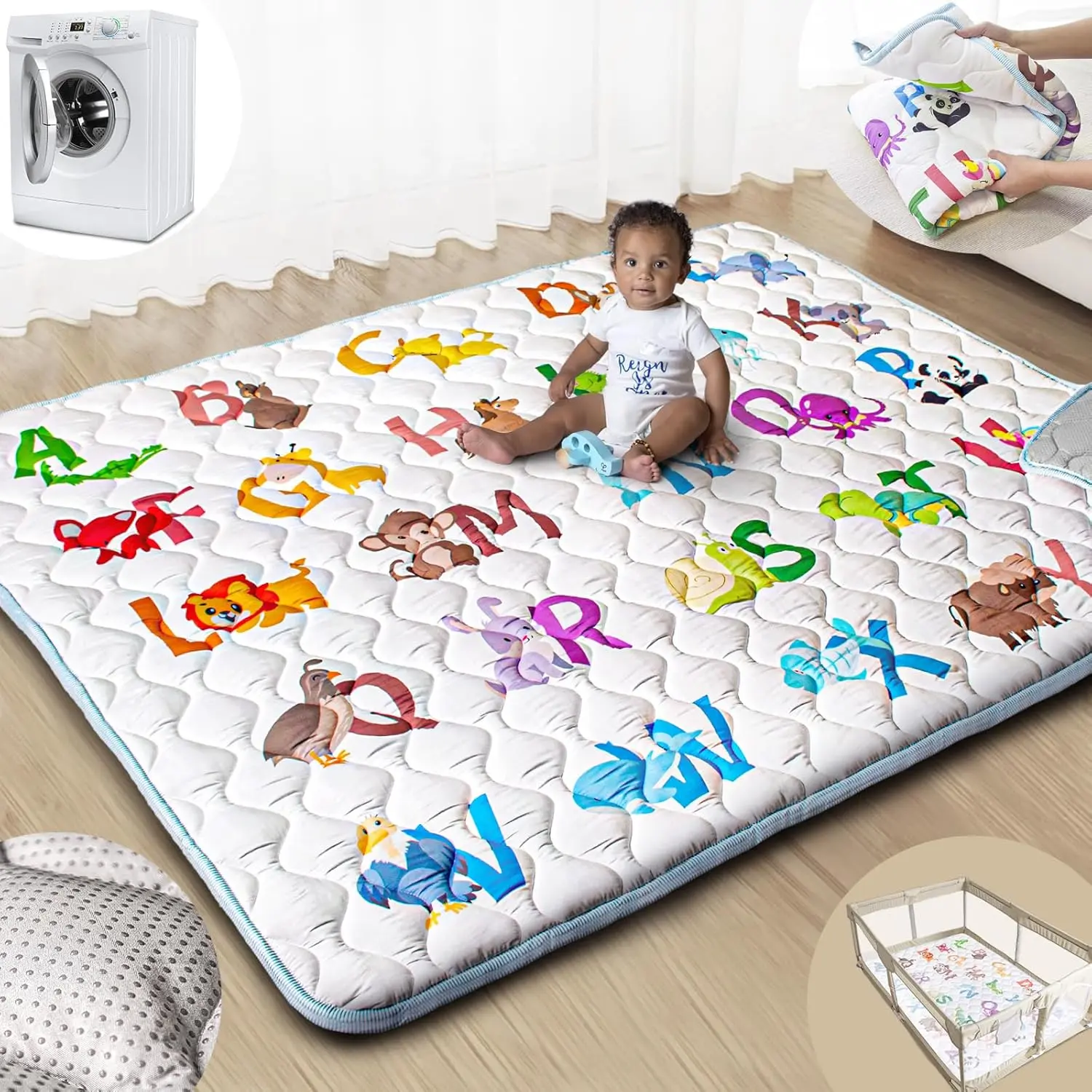 Reversible Folding Play Mat for Babies & Toddlers, 71"x59" Thick Crawling Mat for Playpen with Animal Alphabets & Vehicles Map, Washable Anti-Slip Surface