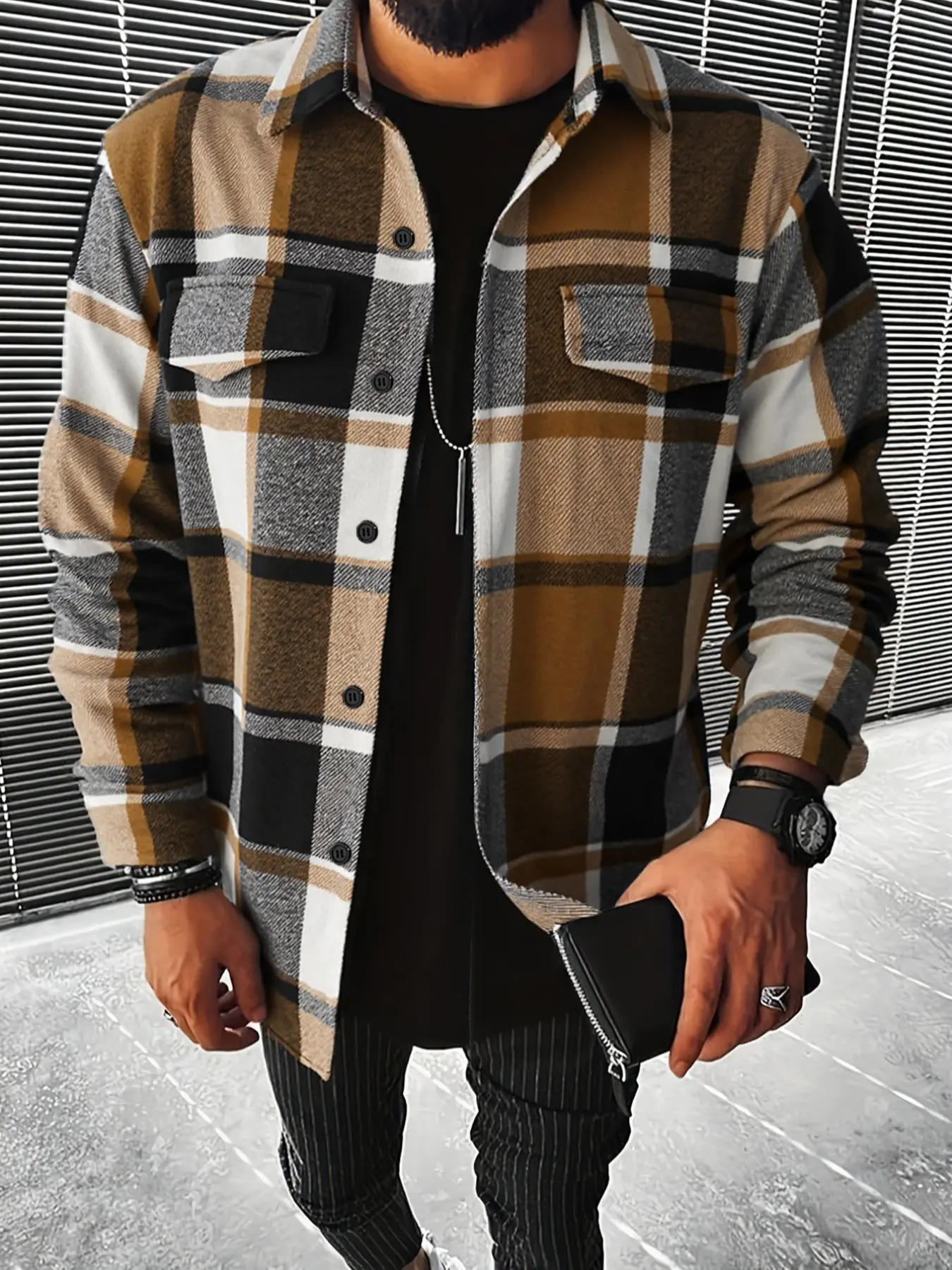 Men's Plaid Shirt Jacket, Open Front Cardigan Coat, Casual Fashion Outerwear, Stylish Men's Clothing for Daily Wear