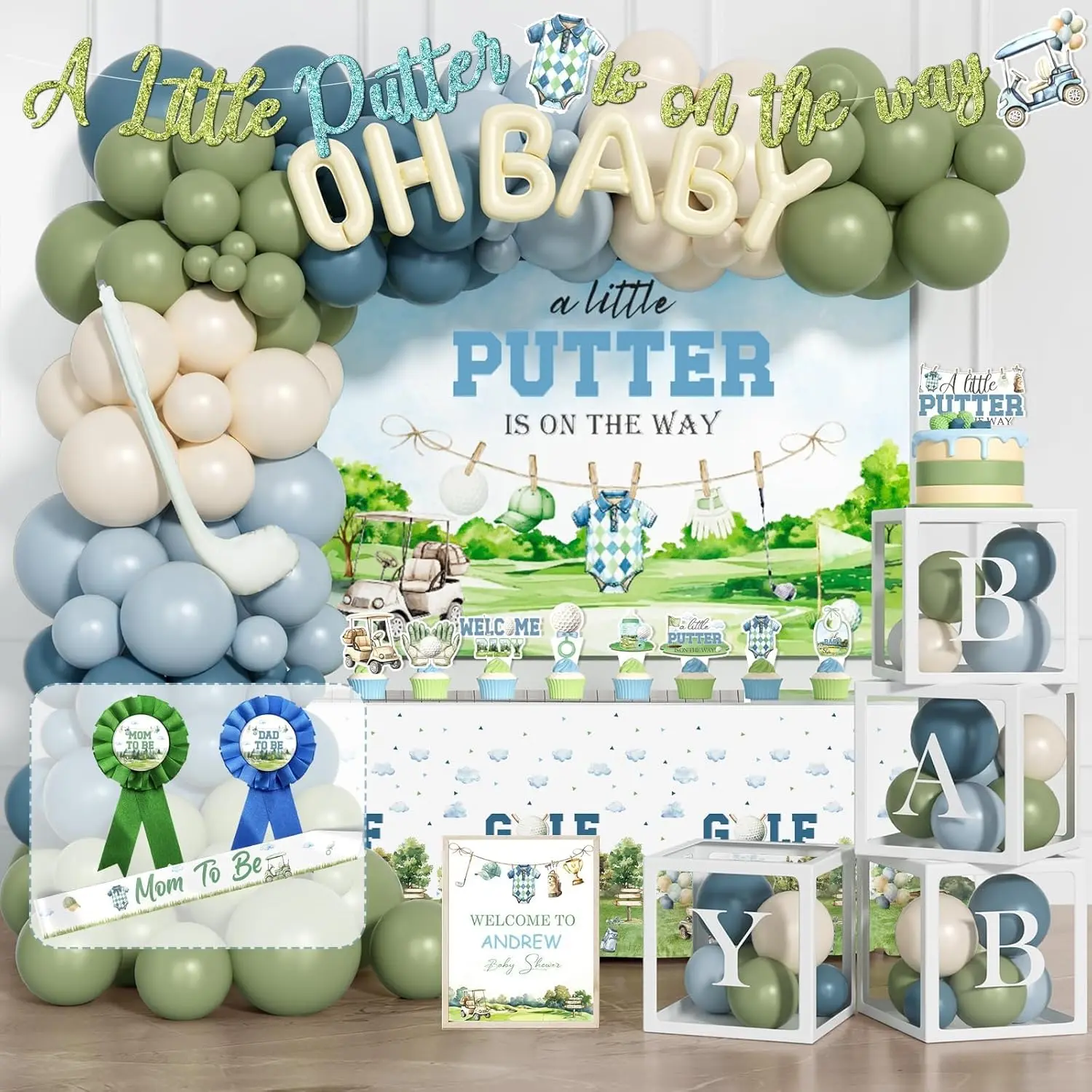 Golf Baby Shower Decorations Kit, 137 PCs Box-Packed Colorful Balloons Assortment Elegant Party Supplies Set with Backdrop, Banner, Tablecloth, Cake Cupcake Topper, Sash, Cutouts for "A Little Putter Is on the Way" Theme