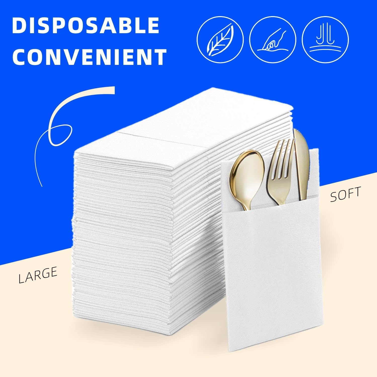 Disposable Dinner Napkins With Built-in Flatware Pocket, Pre folded Party Napkins For Silverware, Linen Feel Napkins Luxury And Elegant For Wedding Party Events, White, Total 50 Count