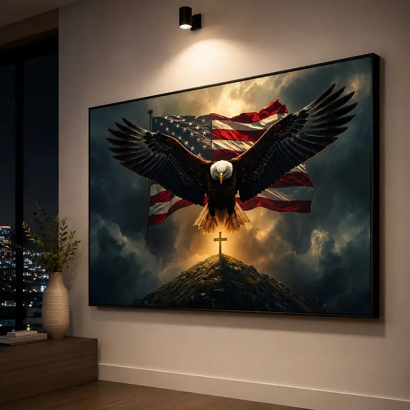 Majestic Eagle and Cross Canvas Wall Art, Patriotic Christian American Flag Decor, Faith and Freedom Home Artwork, Ready to Hang, Bald Eagle Poster, Christian Wall Decor, Veterans Gift, Americana Wall Art, Religious Home Decor