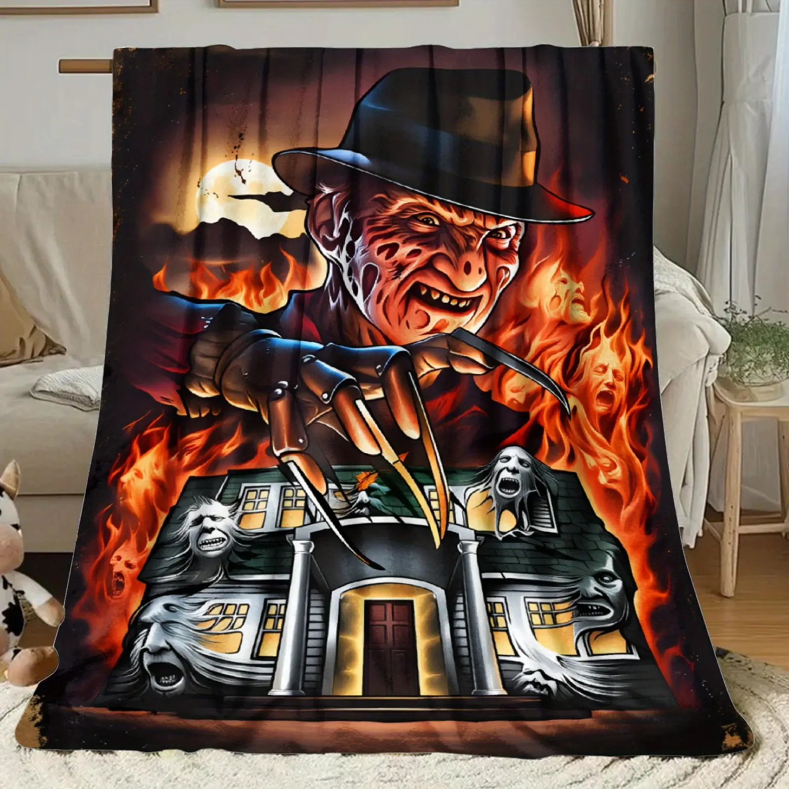1pc Freddy Krueger Horror Theme Blanket - Classic Traditional Crochet Flannel Cotton Bedspread, Breathable Soft, Wrinkle Resistant, Full Print Iconic Design, Nightmare on Elm Street Inspired, Cooling Durable All-Seasons Throw for Adult Couch Fan Gift