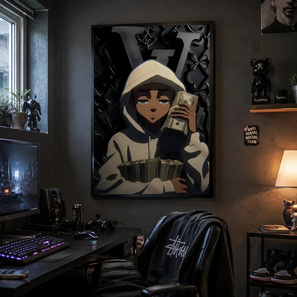 Riley Freeman's money-themed canvas wall art 'A Stack of Cash' is the ultimate choice for male spaces decorated by hip-hop and anime enthusiasts, and also a perfect choice for modern rooms. Canvas Wall Art, Hip Hop Decor, Anime Gift, USA Home Decor Style