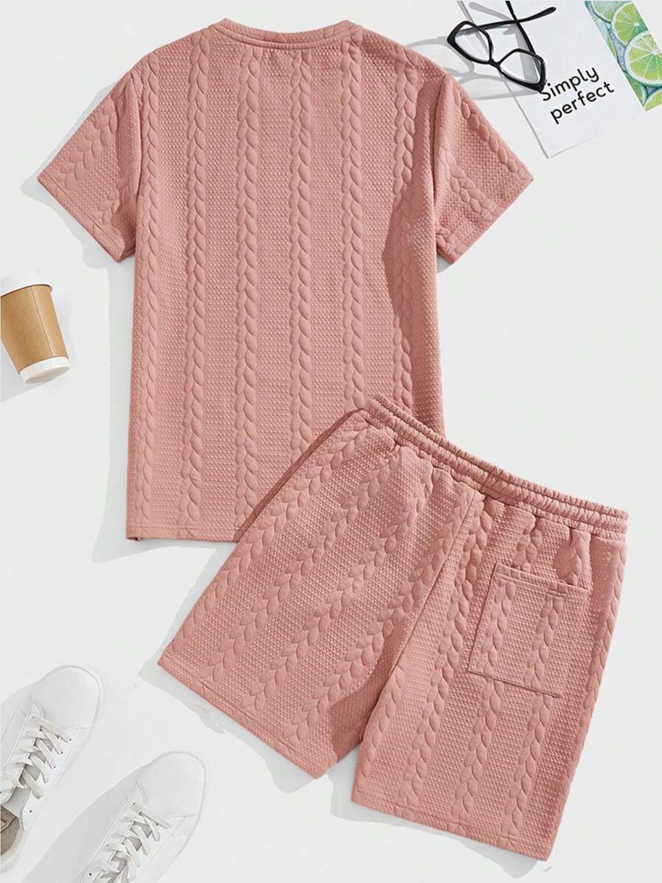 Men's Solid Textured Patched Tee & Drawstring Waist Shorts Set, Regular Fit Round Neck Short Sleeve T-Shirt & Pocket Shorts, Men's Summer Casual Outfit Set