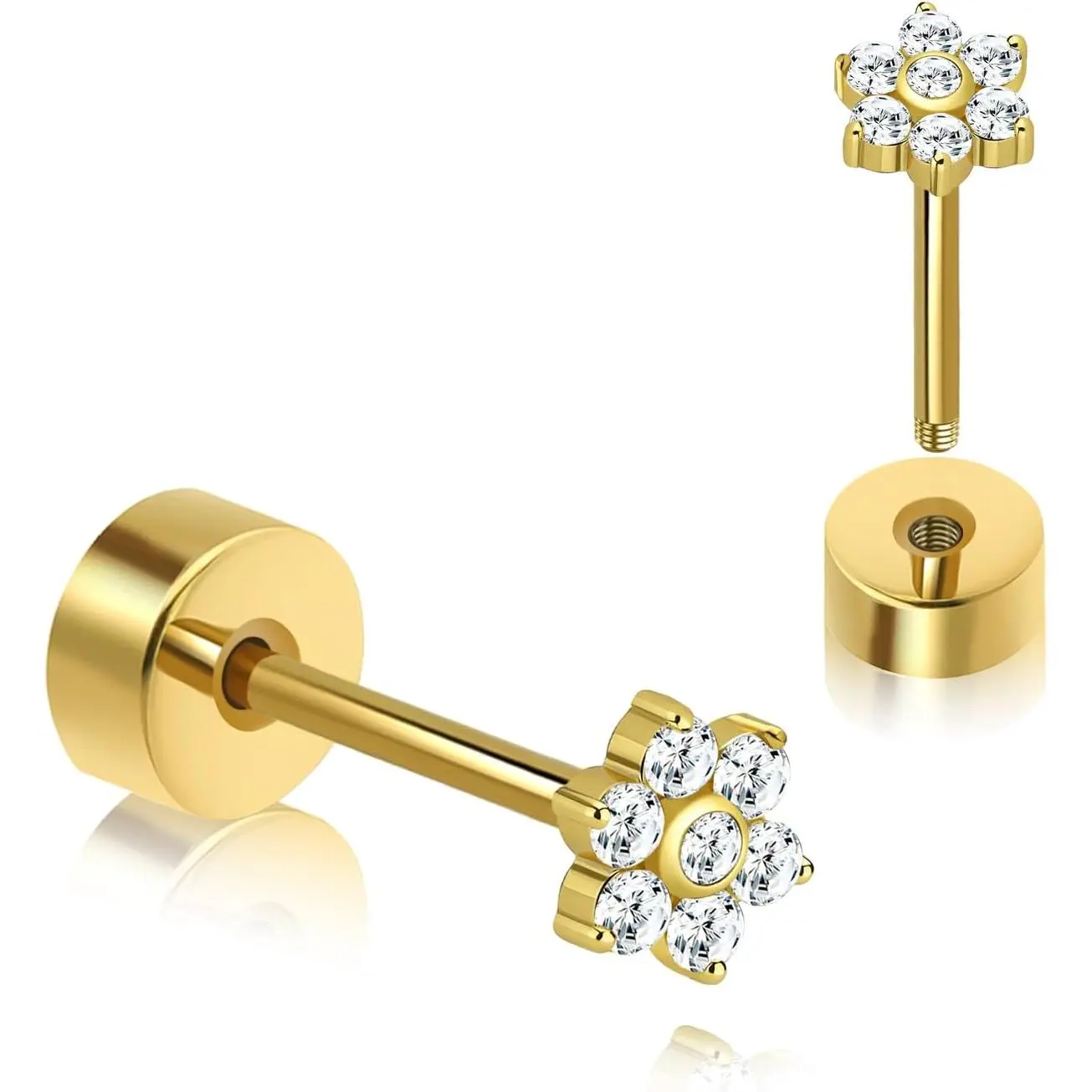 20G Titanium Flat  Earrings ASTM F136  CZ | Implant-grade titanium studs with 3/4/5/6 CZ stones. Safe for  ears, lobe & cartilage,  , 1 pair.