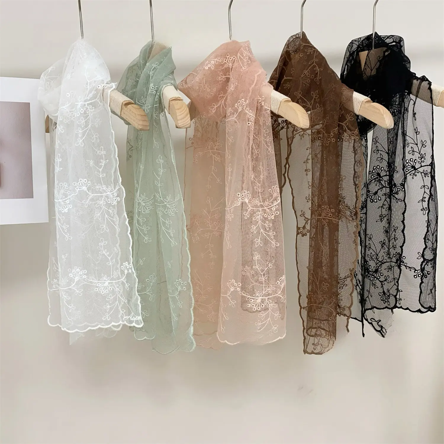 Elegant French Floral Embroidered Lace Scarf, Sheer Ultra-fairy Narrow Neck Scarf, Multi-use Women Hair Bandana Head Wrap & Soft Decorative Neck Tie Accessory