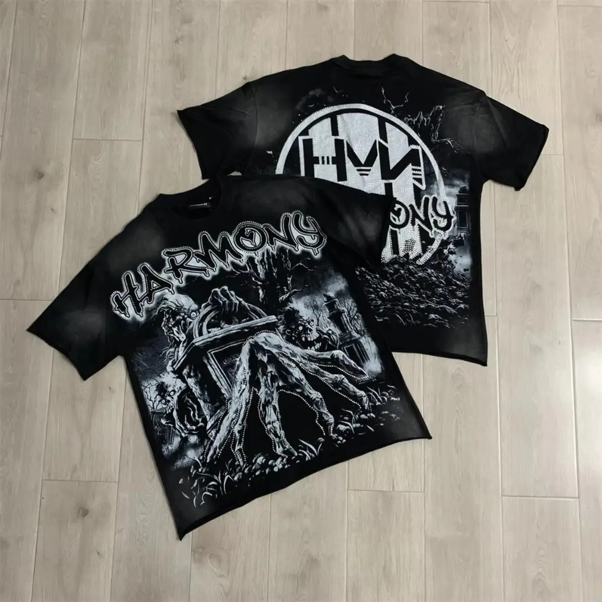 Streetwear Shining Diamond HARMONY Washed T Shirt Men Fashion Retro Rhinestone Letter Logo Print Oversized Loose Fit Casual Short Sleeve Tee Vintage Y2K Hip Hop Style Top Urban Everyday Wear