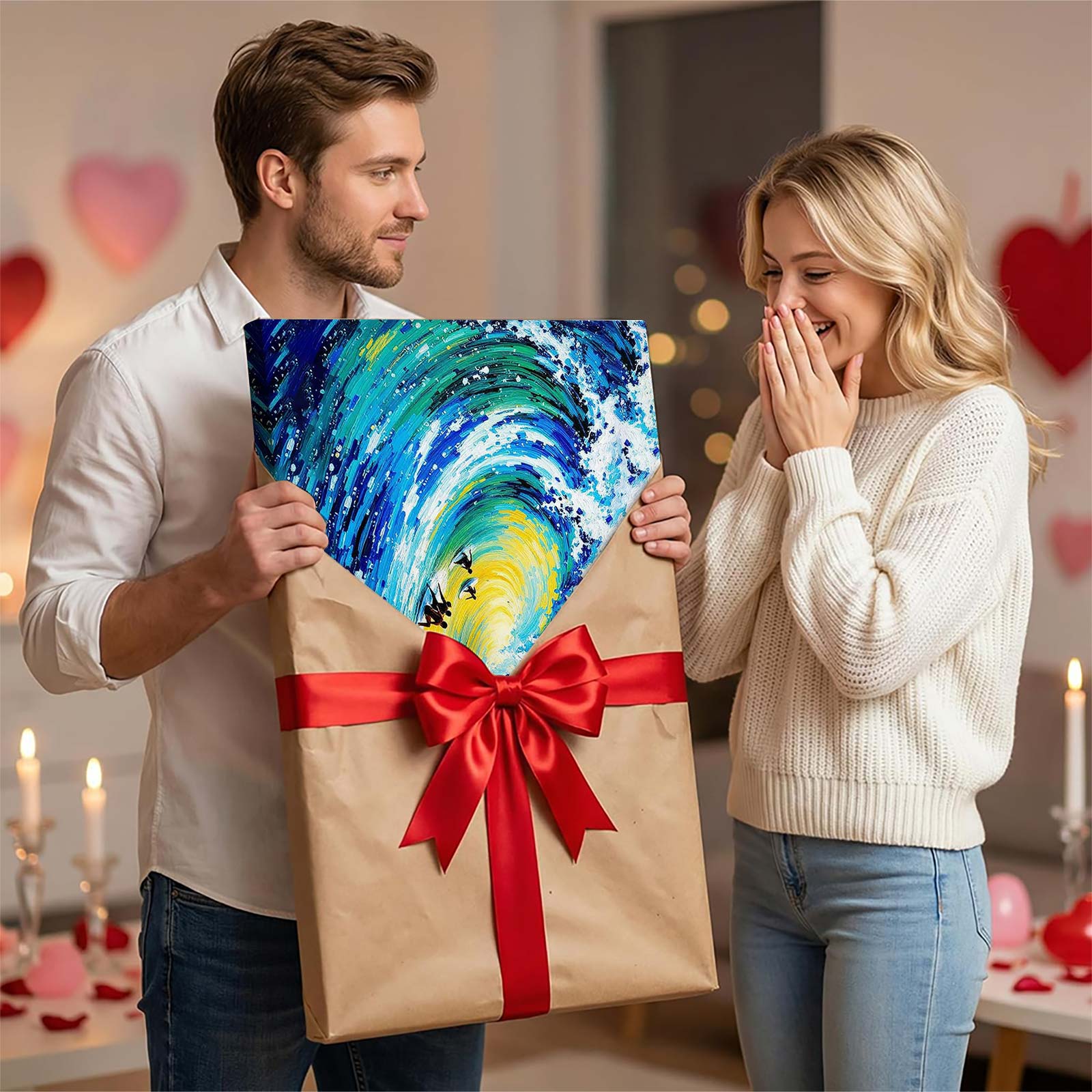 Vibrant Surfing Wave Oil Painting Canvas Wall Art, Colorful Ocean Surf Print, Summer Beach House Decor, Tropical Sea Wave Poster, Unique Surf Lover Gift for Home & Living Room