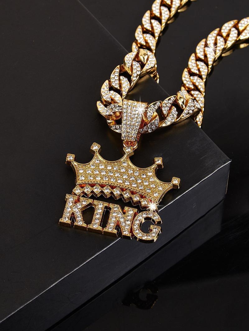 14K Gold Plated King & Crown Pendant with Austrian Rhinestones Miami Cuban Link Chain Italy & Micro Inspired Unisex Hip Hop Necklace for Men & Women Jewelry,Daily Wear, Casual Fashion, Sporty Style, Gift Idea