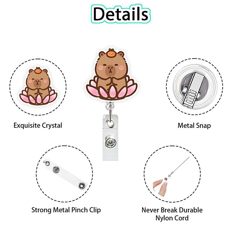 8-piece cartoon capybara badge reel, retractable, with rotating alligator clip, extendable badge clip, suitable for students, teachers, office workers (semi-transparent)