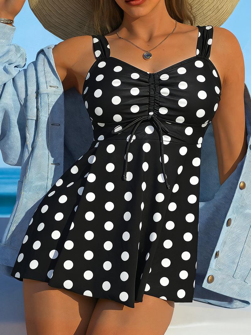 Women's Paisley Print Swimdress - Ruched Front Tankini Set with Polka Dot Straps for Modest Beach & Vacation (Multiple Colors)