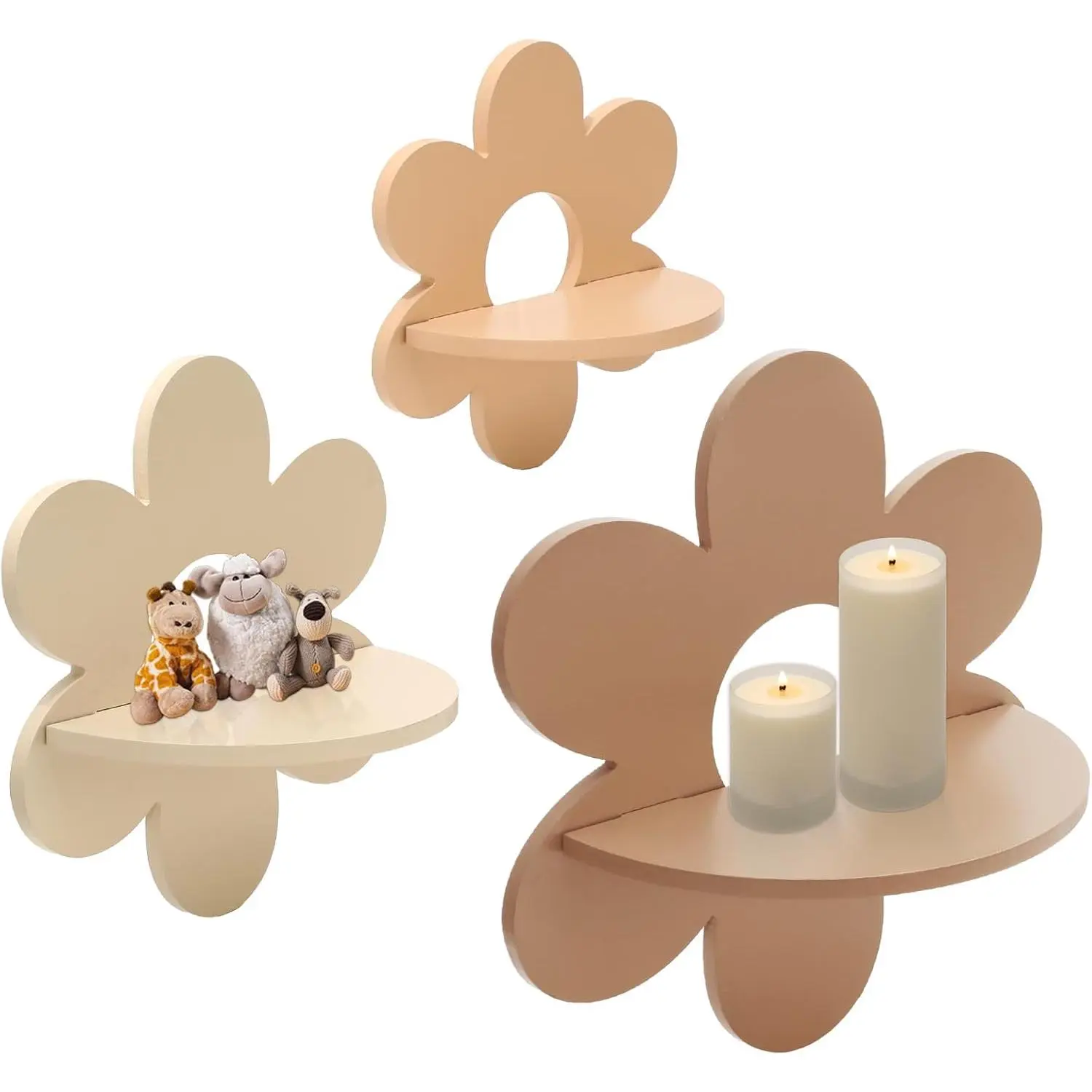 JarThenaAMCS 3Pcs Boho Daisy Wall Shelf Cute Flower Wooden Floating Shelf Hanging Display Stand for Home Living Room Bedroom Bathroom Decor