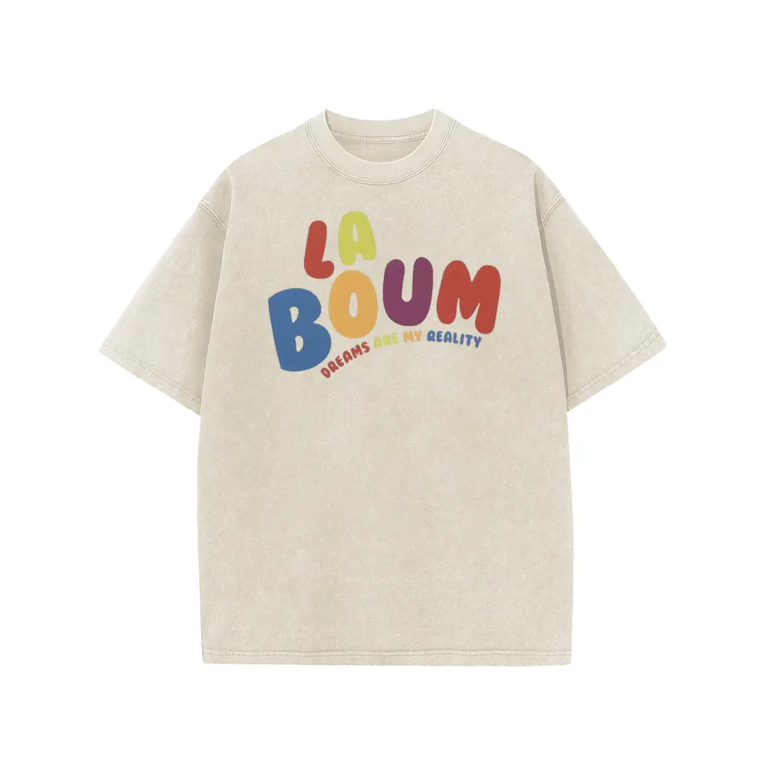 Digitex Aicd Washed Heavy Cotton Crew Neck T-Shirt Unisex LA BOUM Playful Rainbow Text Positive Dream Slogan Graphic Loose Fit Soft Girl Retro Everyday Streetwear