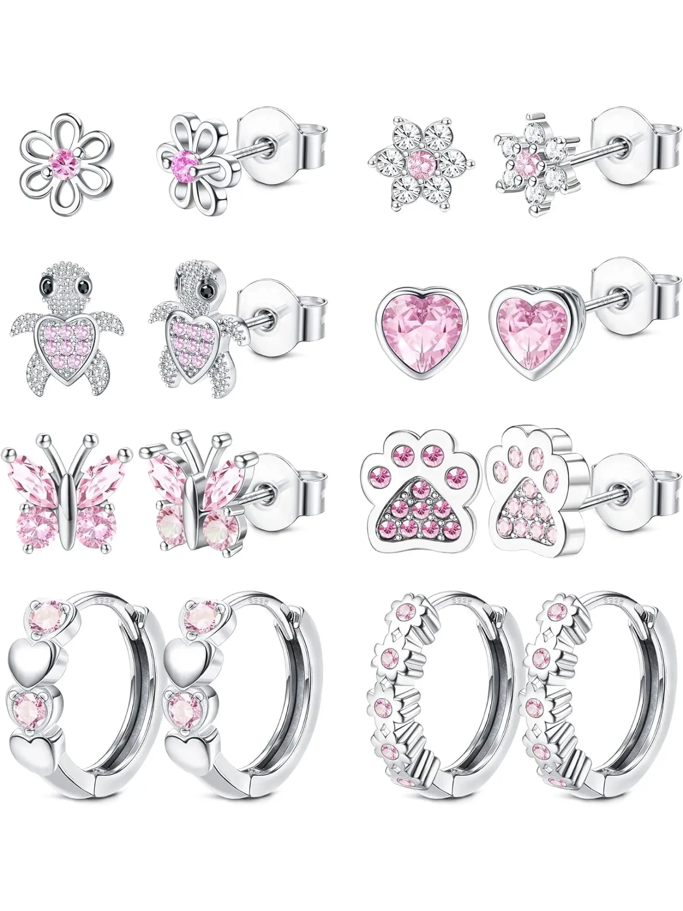 8 Pairs 925 Sterling Silver Post Stud Earrings Set Hypoallergenic Pink Heart Cz Earrings Cute Butterfly Flower Dog Paw Turtle Stud Earrings Hoops Earrings For Women Over 3 Years Old