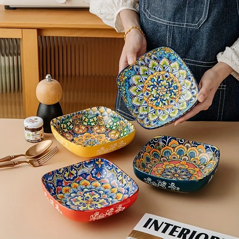 1pc Bohemian style ceramic grain bowl, 13.5 oz Bohemian style soup bowl, colorful floral dessert bowl, Decorative Bowls, Kitchen Bowls, suitable for salads, pasta, oatmeal, ramen, oatmeal, fruits. Perfect for family holiday parties and gifts.