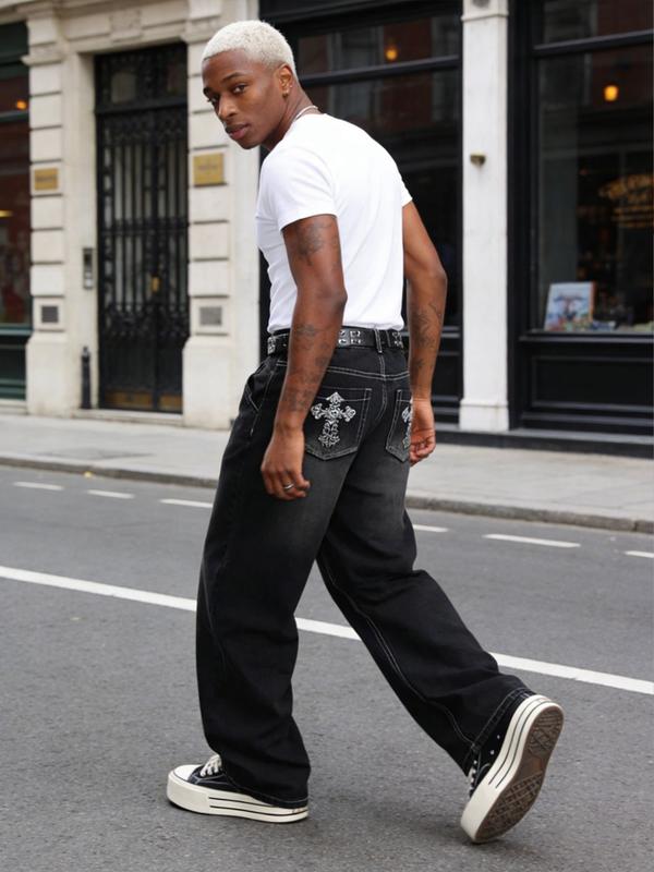 Pocket Embroidered Loose-Fitting Wide-Leg Jeans, Y2K Street Retro Trendy Denim Jeans, All Seasons Fashion for Unique Style