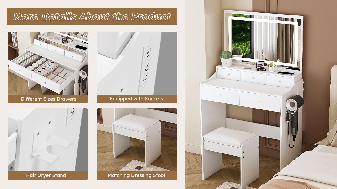 [Bellemave]New Large Mirror Vanity Desk for Bed room  , Modern Makeup Vanity Set with Power Outlet and Hair dryer holder, 5 Drawers , 3 Lighting Color Adjustable Dressing Table for Bedroom, White Color