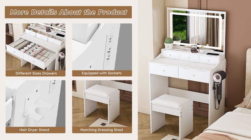 [Bellemave]New Large Mirror Vanity Desk for Bed room  , Modern Makeup Vanity Set with Power Outlet and Hair dryer holder, 5 Drawers , 3 Lighting Color Adjustable Dressing Table for Bedroom, White Color