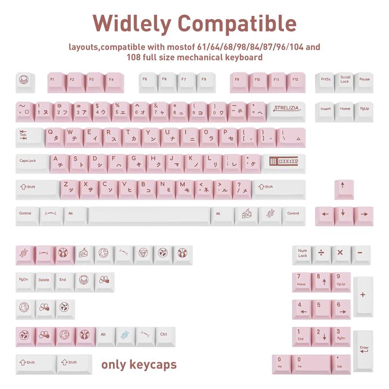 White and Pink Japanese PBT Keycaps - Cherry Profile, Dye Sublimation, Minimalist Custom Key Caps for Cherry MX Gateron Switches Mechanical Gaming Keyboard, 130 Keys