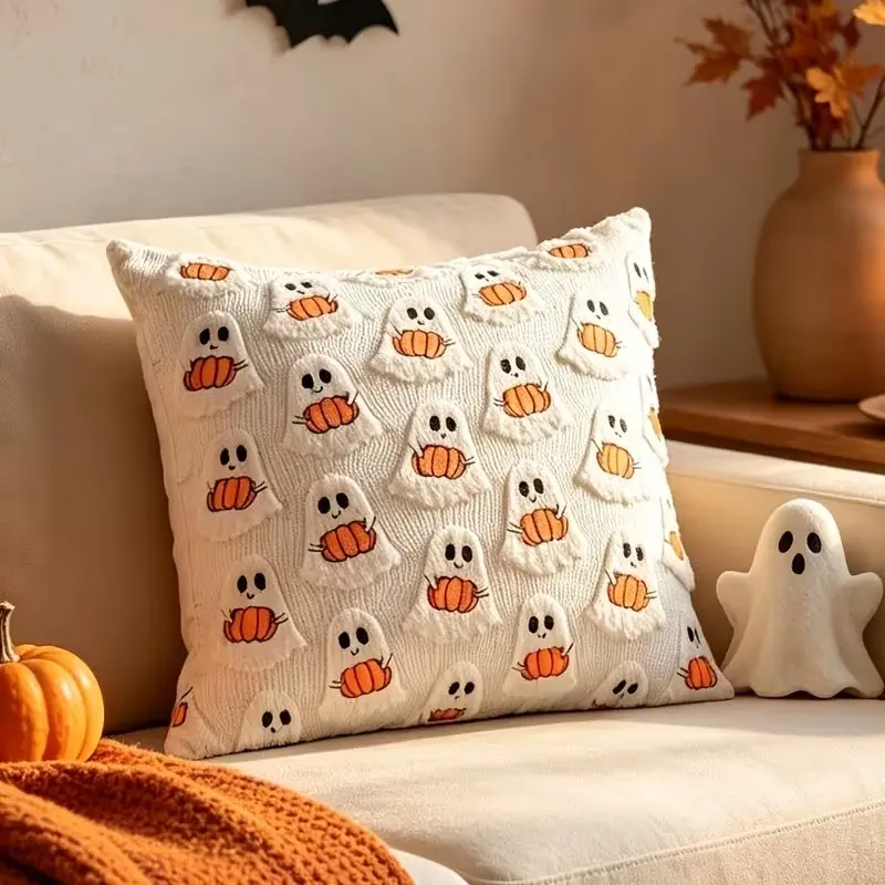 Pumpkin Plush Pillow Cover, Cute Horror Cartoon Style, Quilted Decorative Pillowcase, 18x18 Inches, Halloween Decoration, No Insert Included