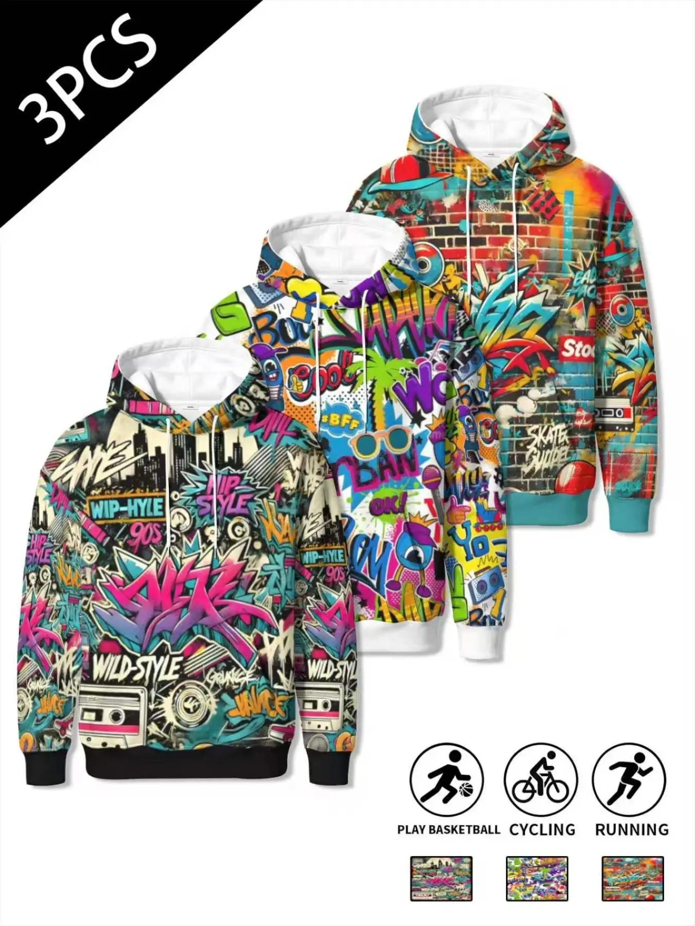 3-Pack Retro Hip-Hop Graffiti Hoodies, Urban Wall Art Palm Brick Multi-Color Prints, Men's Casual Long Sleeve Pullover Hoodie