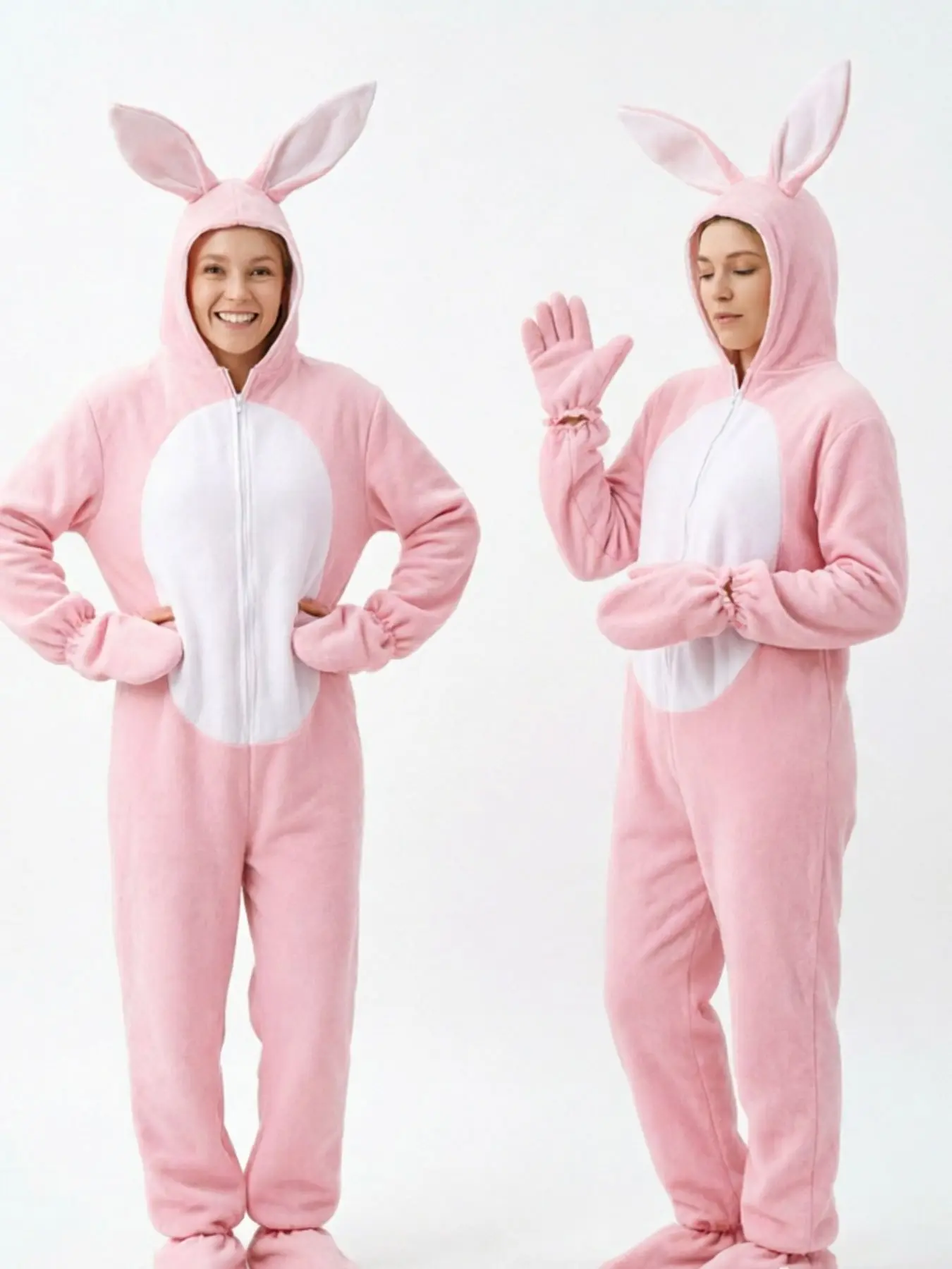 Pink Bunny Hooded Zipper Jumpsuit Adult Cartoon Animal Loungewear Pajamas