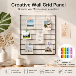 Black Wire Grid Photo Wall Display with 20 Colorful Clips - Multi-Purpose Memory Board for Bedroom, Dorm & Office Decor
