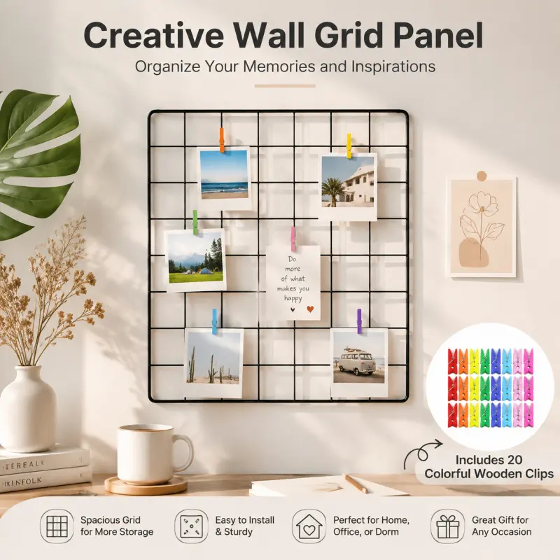 Black Wire Grid Photo Wall Display with 20 Colorful Clips - Multi-Purpose Memory Board for Bedroom, Dorm & Office Decor