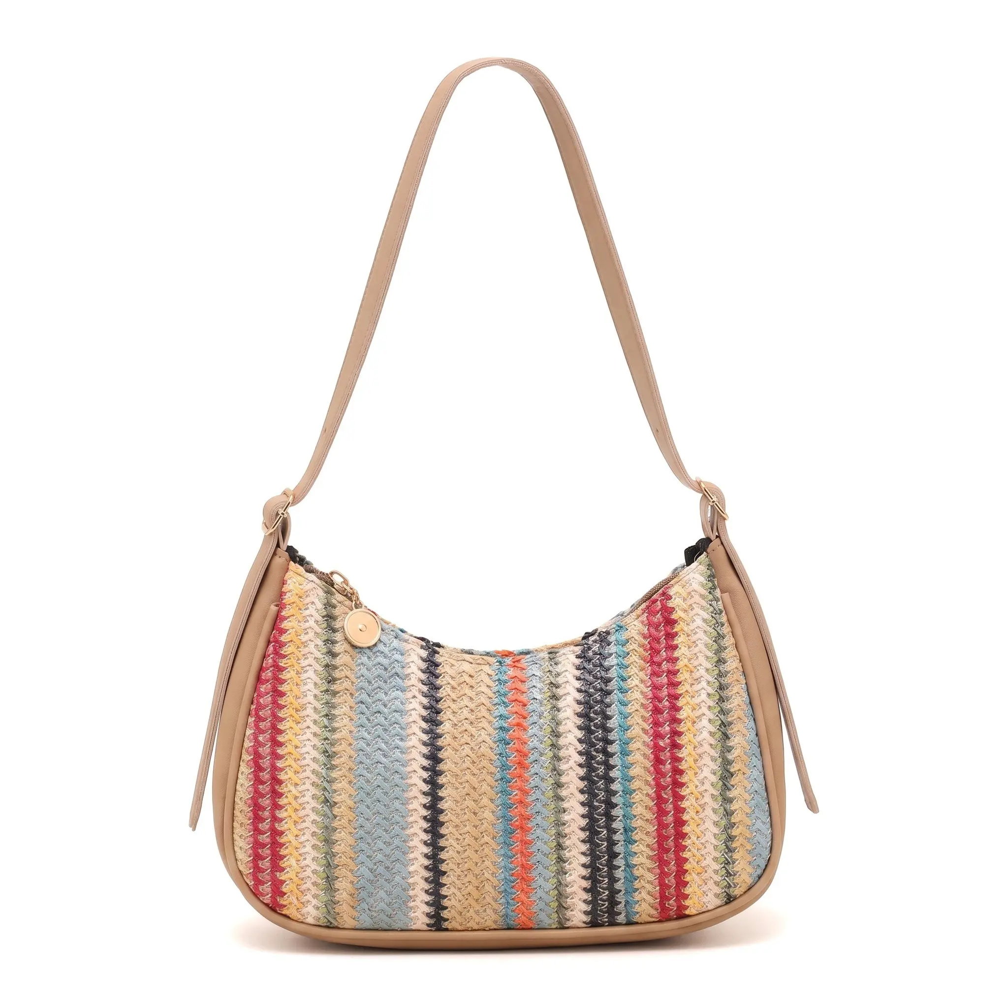 Urban Minimalist Straw Woven Bag Medium Rainbow Dumpling Shoulder Crossbody For Daily Wear Color Block Zipper Pocket Soft Cozy Spring 2026