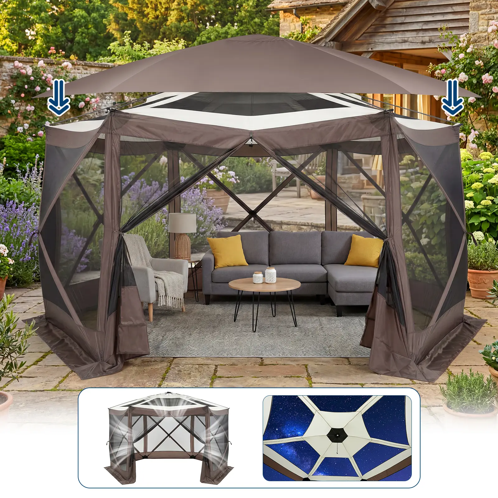 Pop Up Gazebo Screen Tent, 13 x 13 ft 6-Sided Canopy Tent, Quick Set Bite-Proof Screen House with Removable Wind Cloth and Carry Bag, Outdoor Shade for Backyard, Patio & Camping ﻿