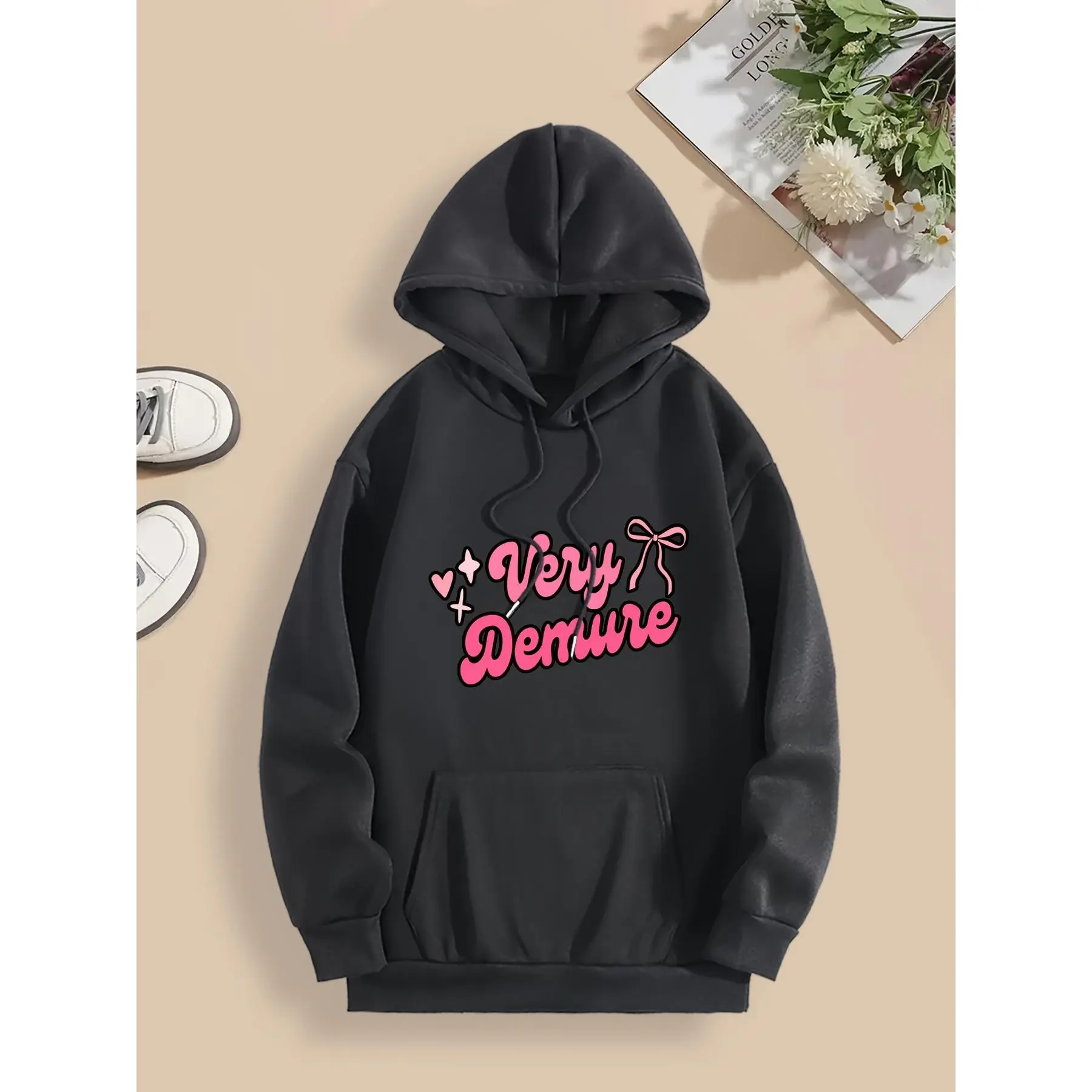 1pc Women's Casual "Very Demure" Printed Hoodie, Cotton Knit Long Sleeve Pullover with Kangaroo Pocket and Adjustable Drawstring, Loose Fit for Autumn/Winter