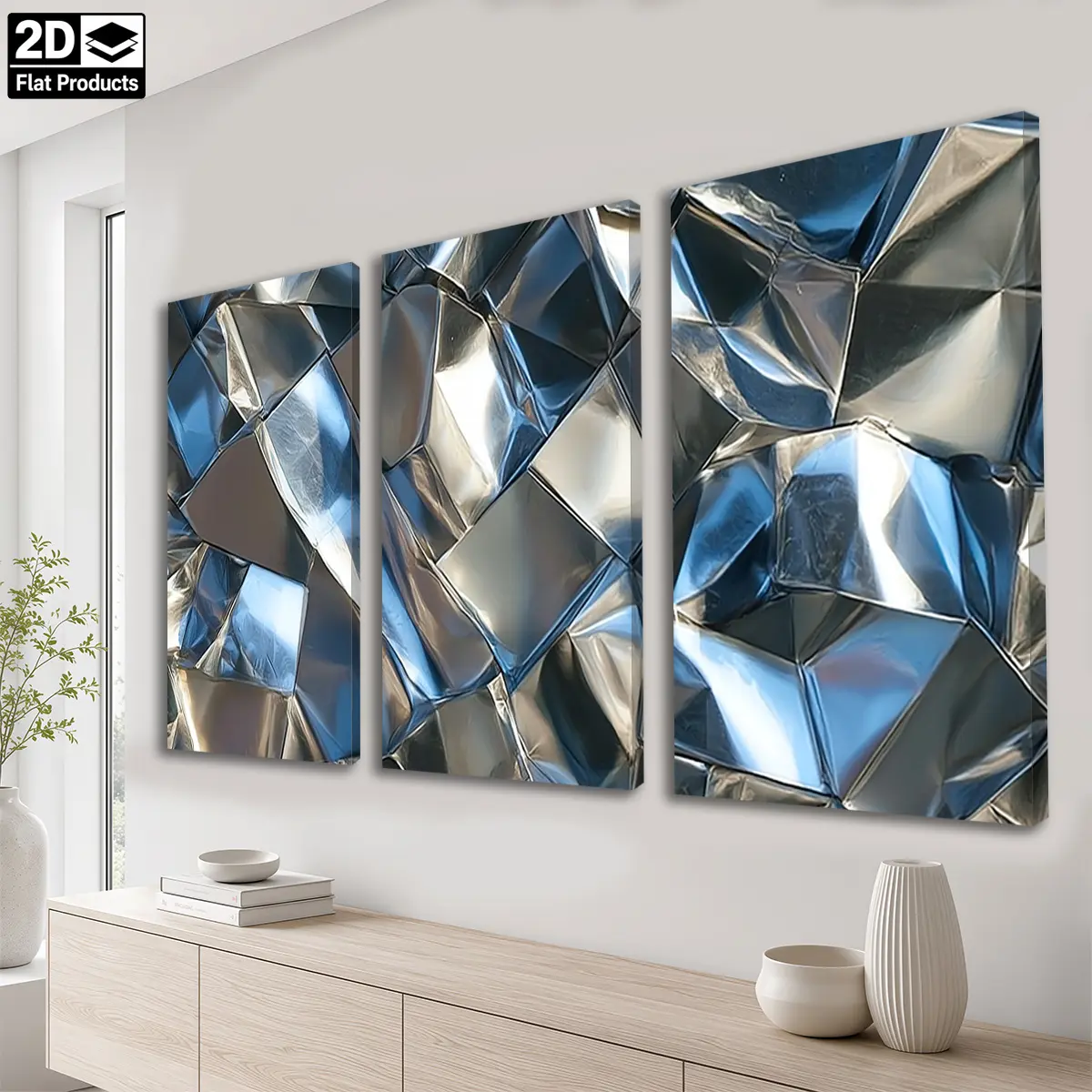 2D plane, 3 paintings - canvas painting - abstract metallic blue and silver geometric pattern, with light reflection - cheap room - kitchen - picture - autumn clearance - picture wall - poster - autumn - room - bathroom - wall - mural - bedroom - home dec