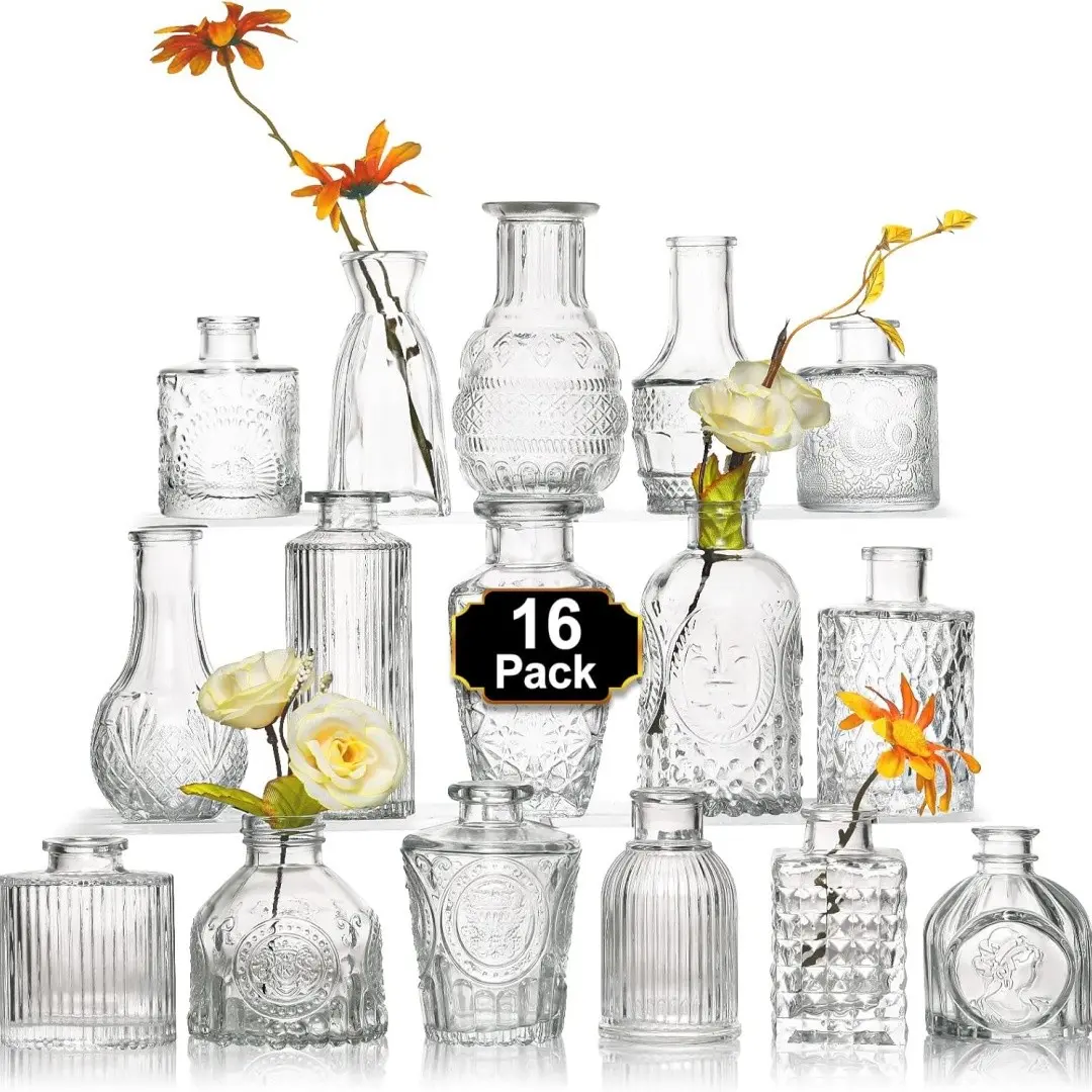 16Pcs Small Glass Flower Vase For Centerpieces | Small Clear Bud Vases, Mini Vintage Vase For Flowers& Rustic Wedding Decorations