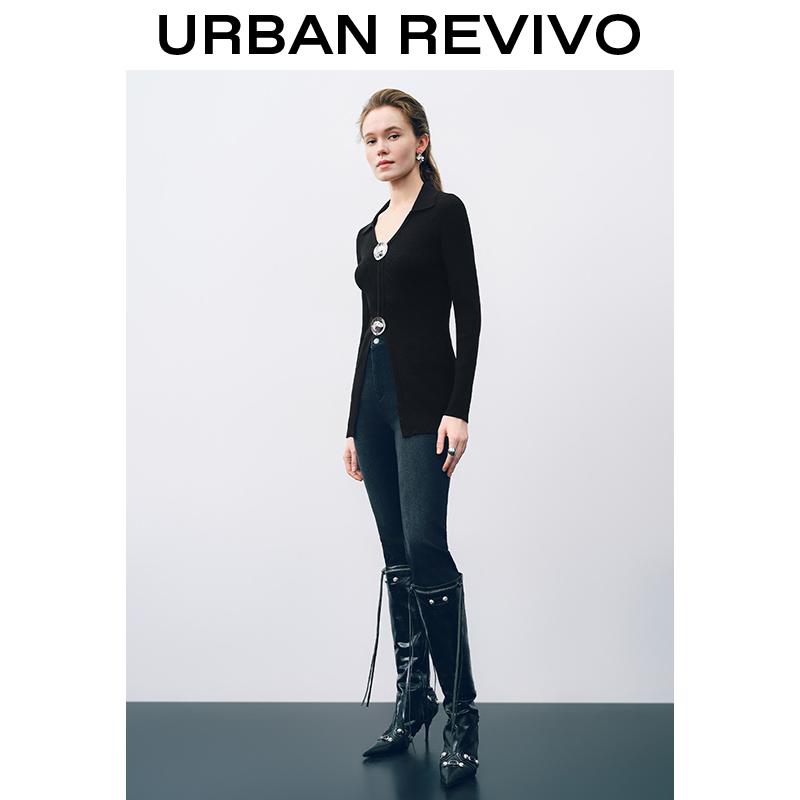 URBAN REVIVO Fluid Metal Buttons Skinny Knitted Cardigan for Women  UWJ940035 Casual Outfit 2025 Women Clothing Girl Elegant Fashion Trendy and Versatile OOTD