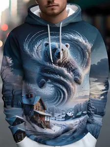 Polar Bear Print Hooded Sweatshirt, Winter Snow Scene Streetwear, Casual Long Sleeve Pullover, Fitted H-Type Design, Graphic Pattern