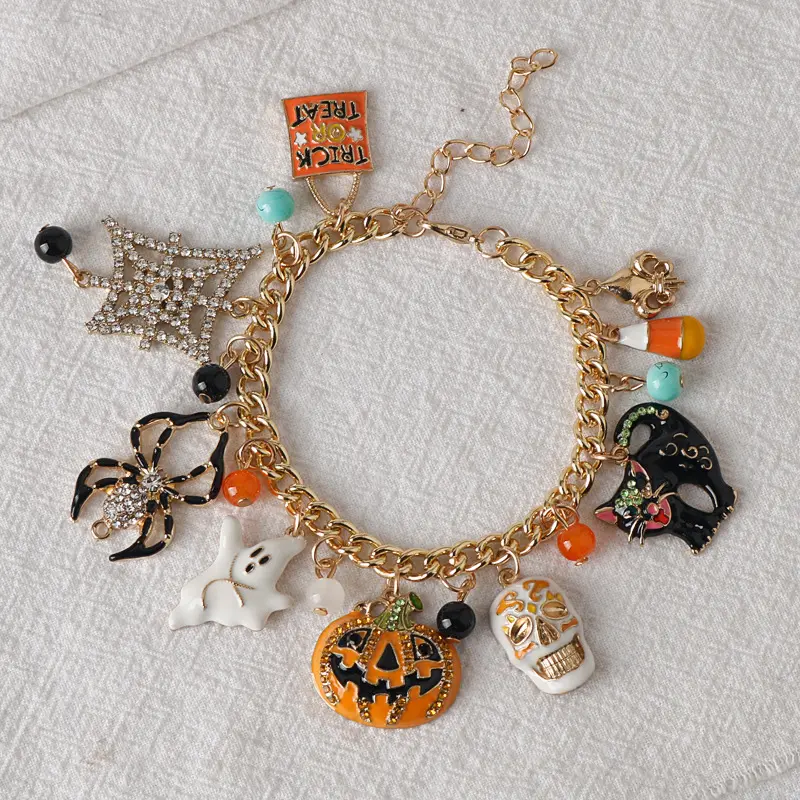 Halloween Alloy Charm Bracelet Featuring Pumpkins, Spiders, Skulls, Ghosts, and Black Cats with Rhinestone Accents