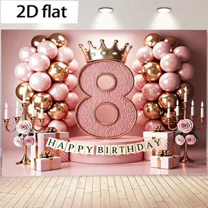2D Flat Banner 1pc Number 8 Gold Crown Birthday Decoration, Rose Candle Gift Box Element, Polyester Material, Party Decor