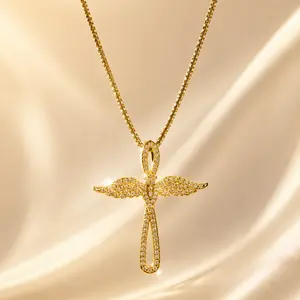 Women’s Gold-Toned Cross Necklace - Angel Wing Cross Crystal Charm, Micro Pave Cubic Zirconia, 40cm + 5cm Extender Box Chain, Tarnish-Resistant Brass Base, Dainty Faith-Based Fashion Jewelry, Ideal for Daily/Formal Events, Meaningful Gift for Her, Cross C