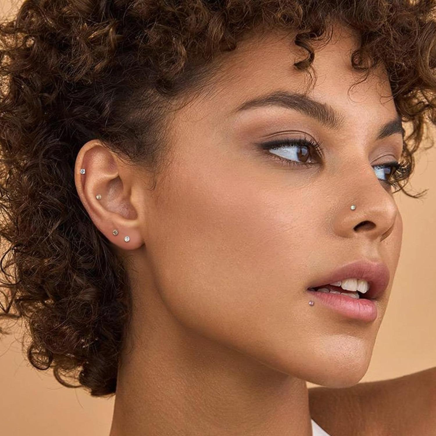 FINREZIO 1 Pc Colorful 6mm Piercing Stainless Steel Labret Tragus Stud Earrings for Women Men Helix Piercing Body Medusa Jewelry Shining Cubic Zirconia Nose Lip Ring