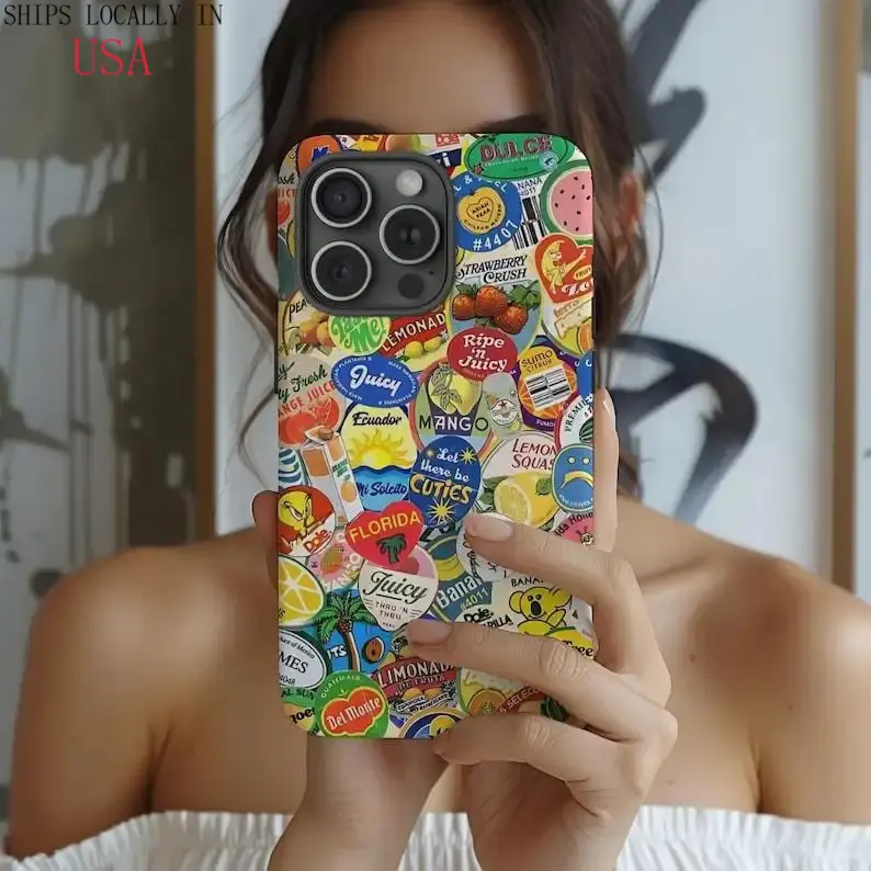 Fruit Sticker Collage Phone Case, Summer Vibe, Maximalist Aesthetic Premium Film 2 in 1 Phone Case - Durable, Shock Absorbing and Stylish Protection - Compatible with iPhone 16, 15, 14, 13, 12, 11, Plus, Pro, Pro Max, Perfect birthday gift for friends.