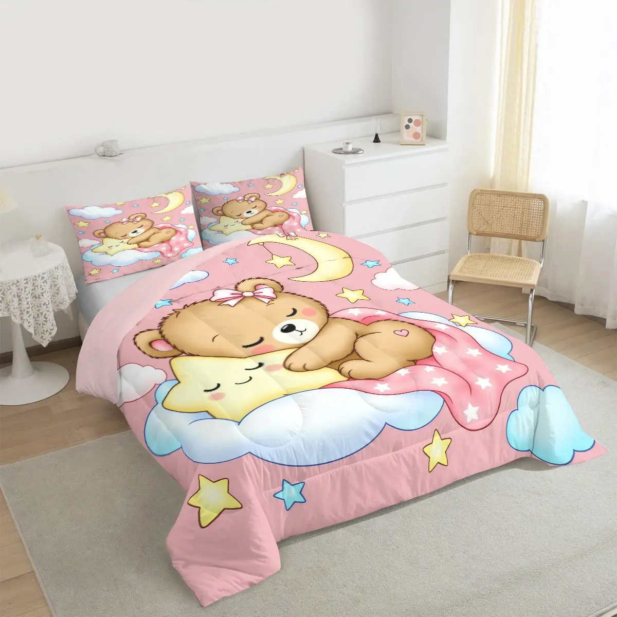 Sleeping Bear Pattern Comforter Set, 3Pcs Cartoon Digital Print Bedding Set (1 Quilt, 2 Pillowcase, Not Pillow Core), Breathable Quilted Quilt, Lovely Fashion Bedroom Decor, Perfect Gift for Bear Lovers