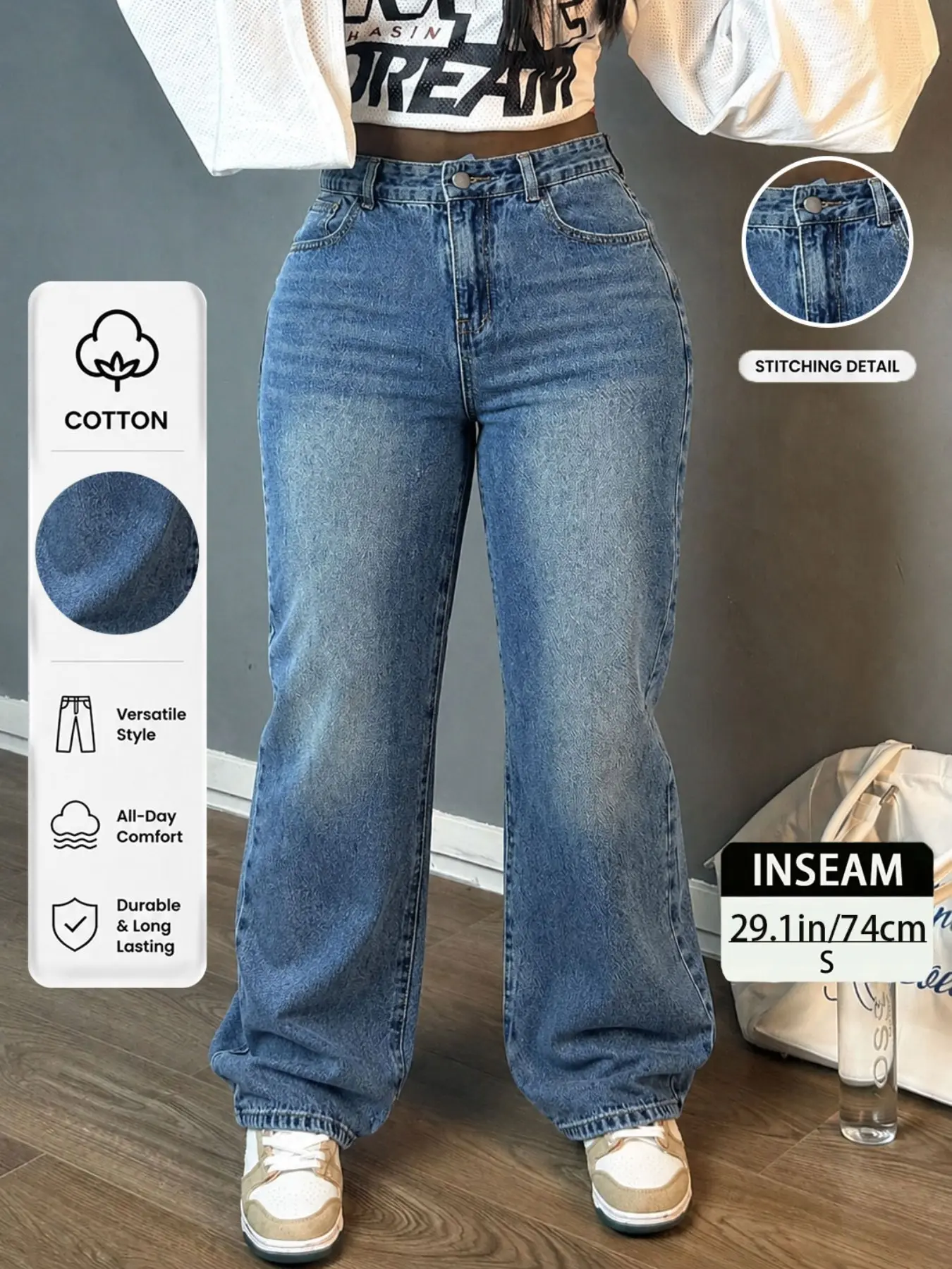 High Waisted Baggy Wide Leg Loose Jeans for Women - Vintage Bleach Wash, Whiskering, Distressed Denim Pants. Trendy Streetwear, Slimming Summer Trousers, Elegant Chic Style, All Season Casual Bottoms