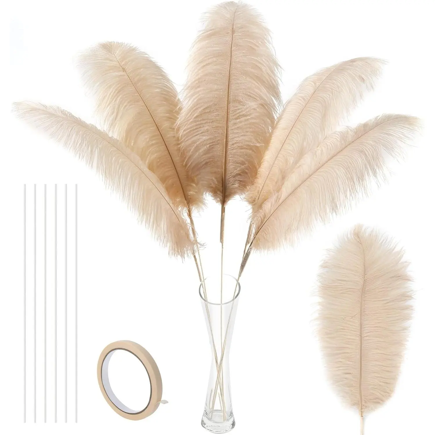 Champagne Large Ostrich Feathers - 10Pcs Making Kit 34inch Extra Large Ostrich Feathers Long for Tall Vase,Floral Arrangement,Wedding Party Centerpieces and Home Decoration(Champagne)