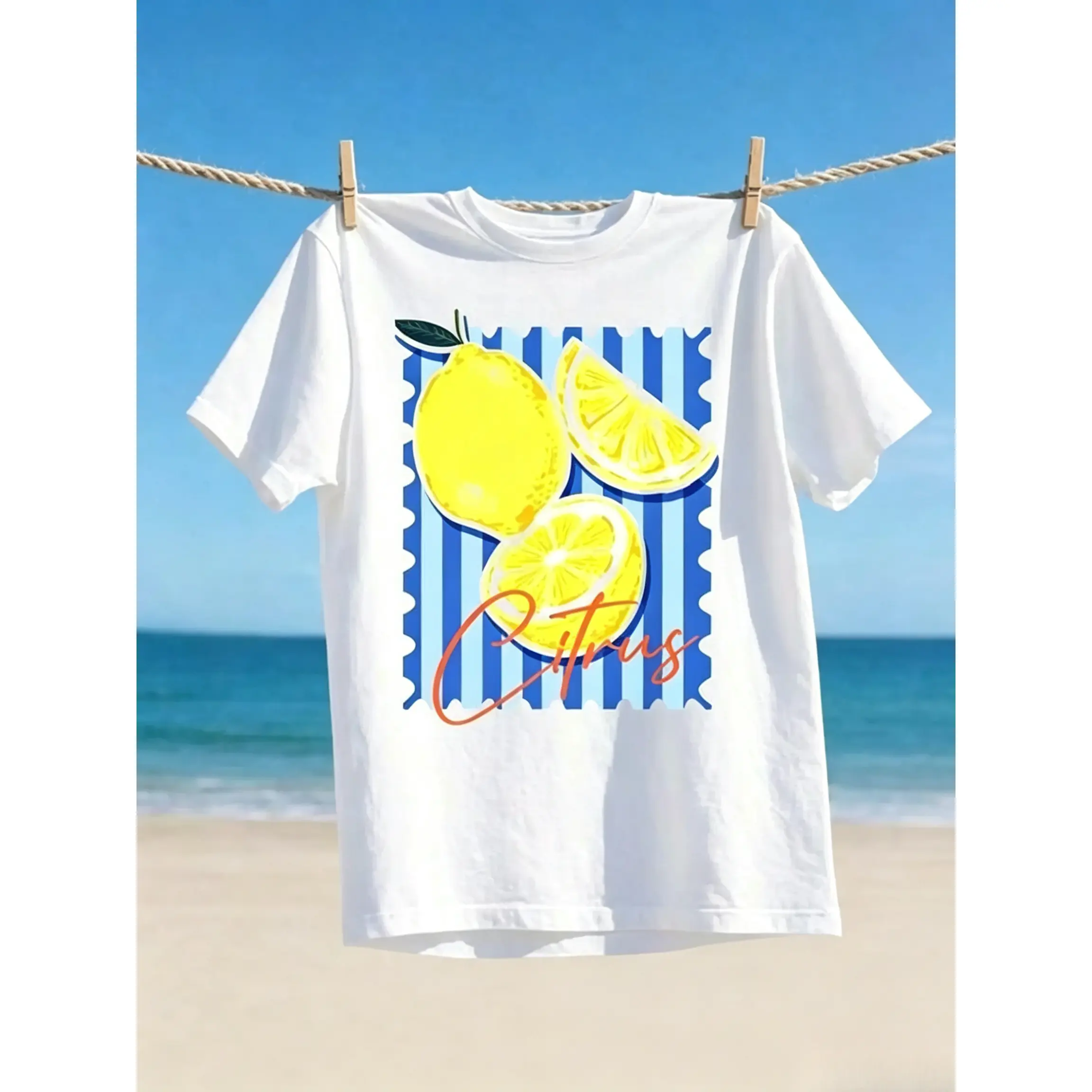 Men's Citrus Lemon Graphic T-Shirt - Classic Short Sleeve Crew Neck with Soft Breathable Fabric & Durable Print for Casual Wear, Tshirt, Round Neck, Top, Garment, Citrus Fruit Motif, Citrus Print