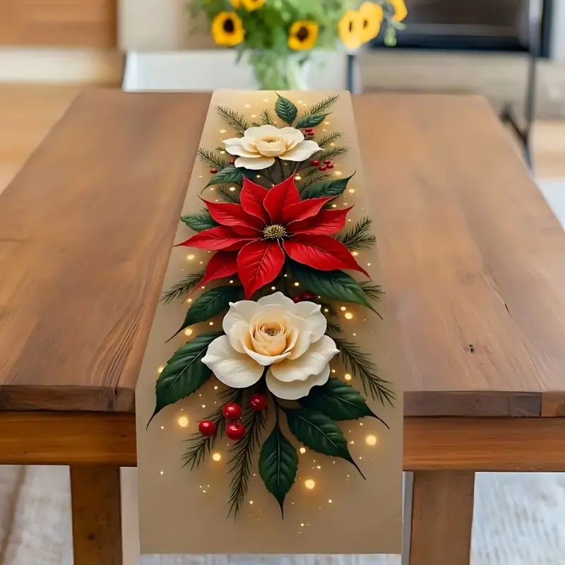 Christmas Tablecloth Set, Poinsettia & Roses Design, Pine Needles & Berries Theme, Holiday Decor for Home Kitchen Dining Room