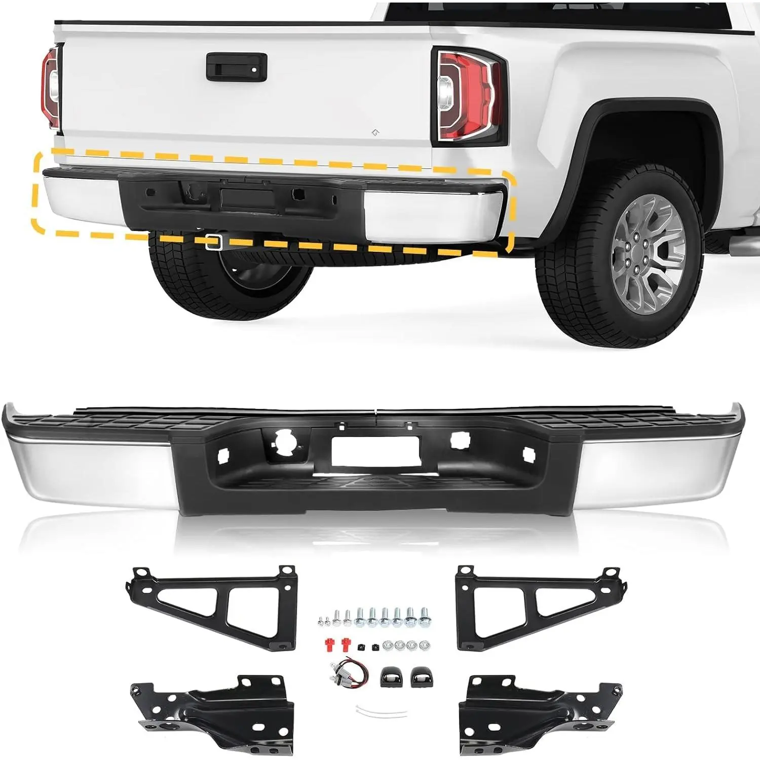 Chrome Finish Rear Step Bumper Assembly, Replacement Part for 2007-2013 Chevy Silverado 1500 & GMC Sierra 1500 Trucks, Without Sensors, GM1103147 Compatible