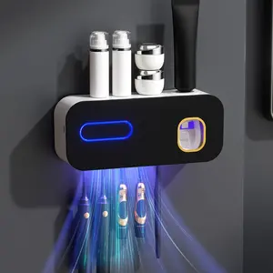 1pc Smart Toothbrush Organizer: Bathroom Display, Storage and Toothbrush Holders with Automatic Toothpaste Dispenser — Wall-Mounted, 5-Slot, Durable Plastic, USB Rechargeable Lithium Battery, Modern Organization and Home Decor