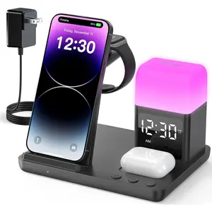 Wireless Charging Station Alarm Clock with 8 Touch Night Lights: 5 in 1 Charger Stand for Apple Devices - Charging Dock for iPhone 17 16 15 14 13 12 Pro Max Plus/Apple Watch/AirPods, Dimmable